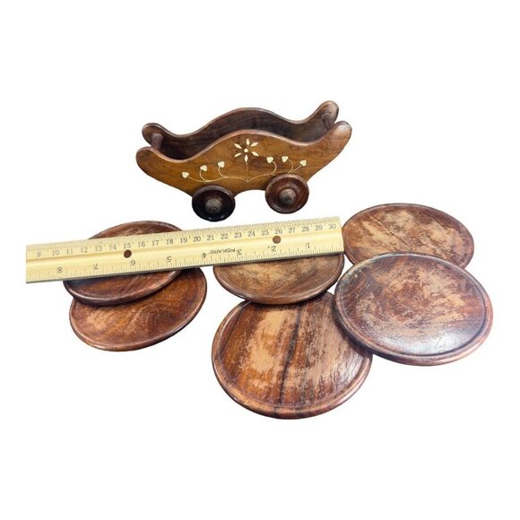 Vintage Wooden Wheel Cart Shape Tea Coffee Coaster Home Decorative Set 6 VTG - Picture 6 of 10